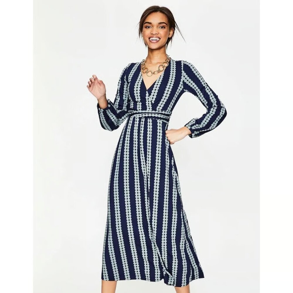 Boden Navy and White Patterned Long Sleeve Dress